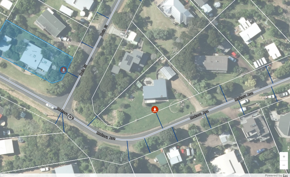 Aerial view in Leak Manager showing properties and colour-coded leak locations